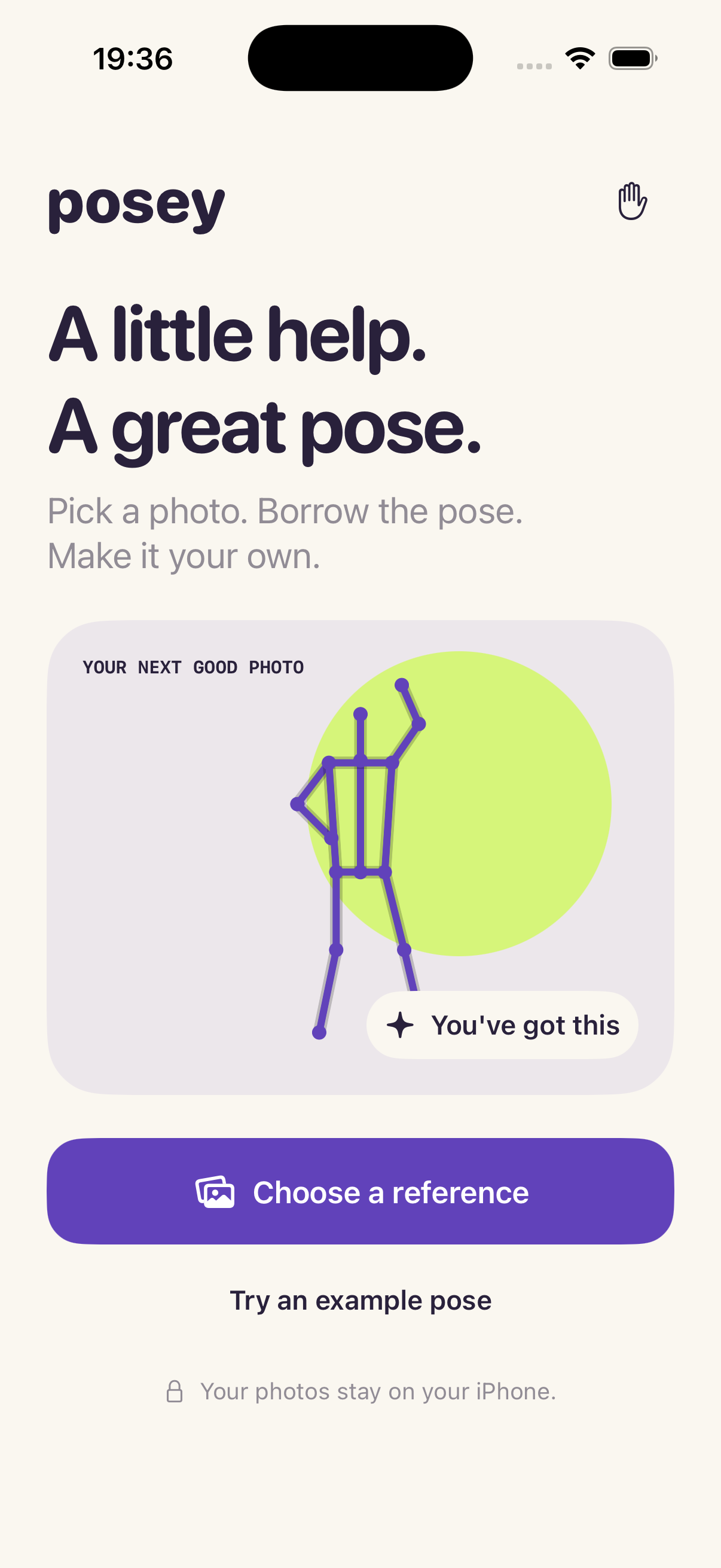 Posey app home screen with a reference photo picker and an example pose